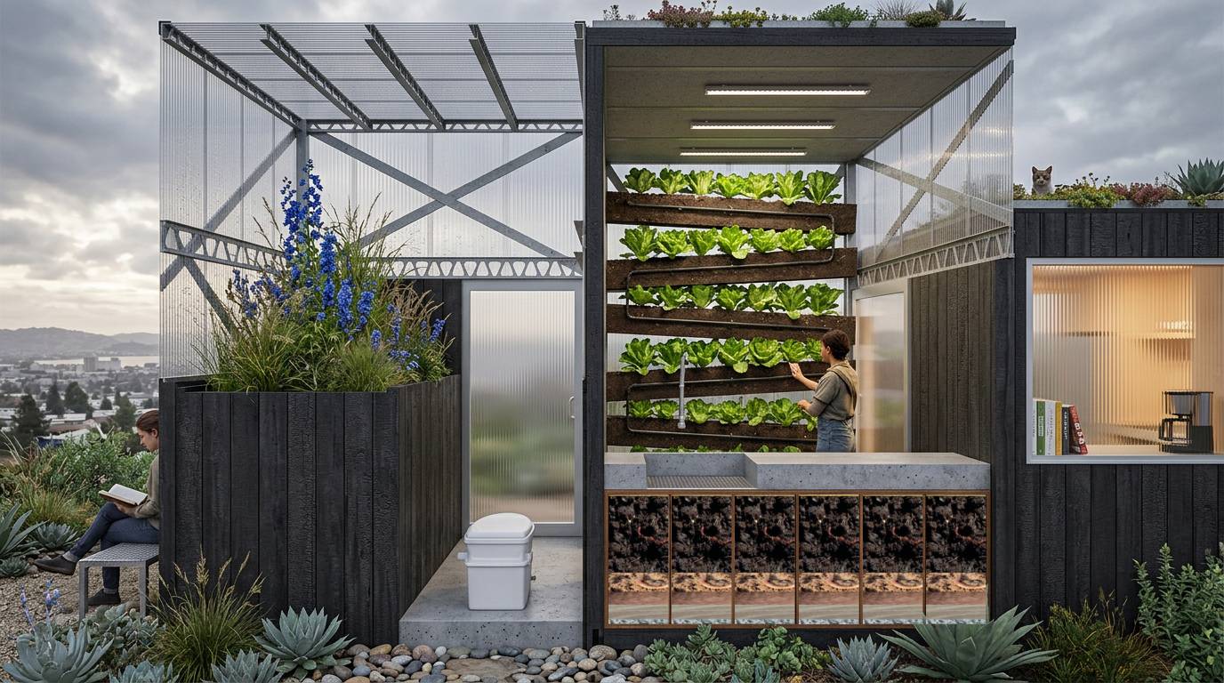 Pod section showing vertical food production and wetland planting