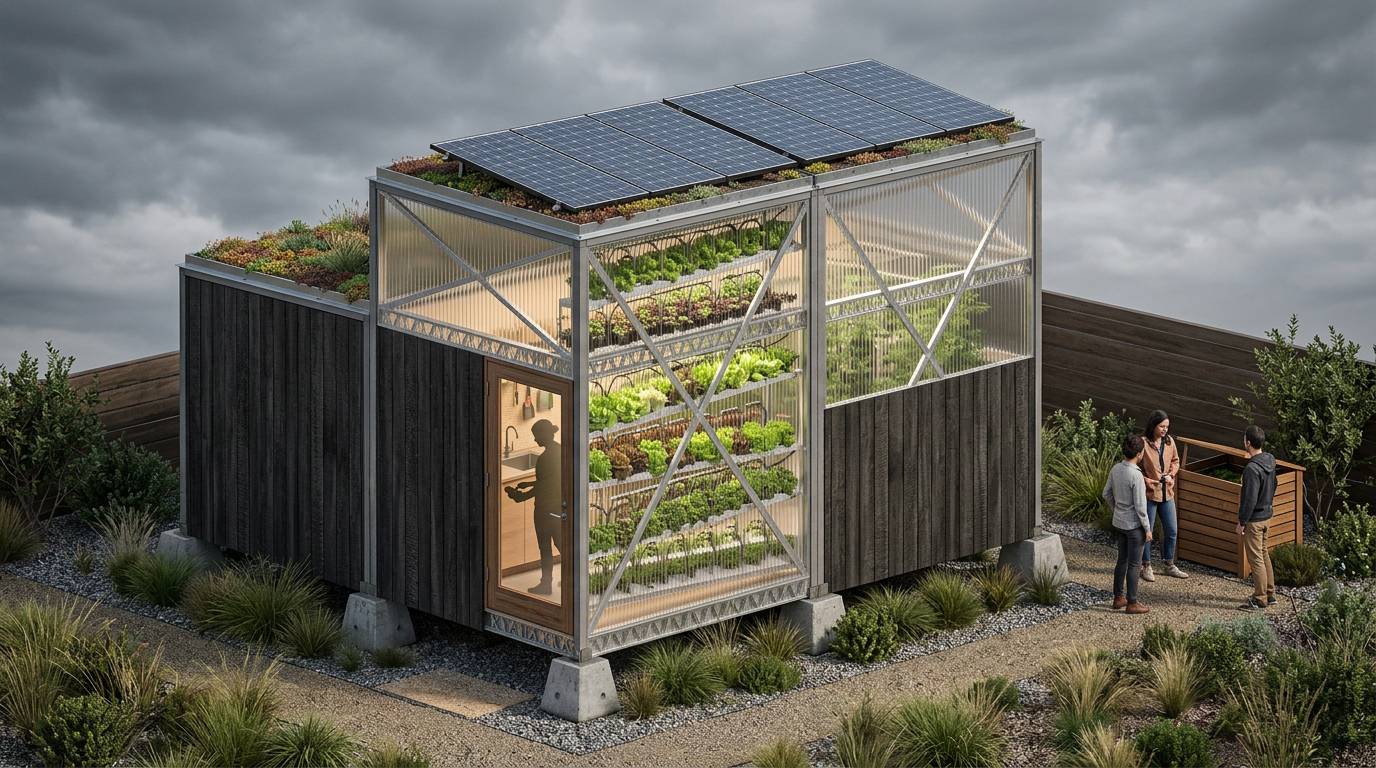 Modular greenhouse pod with rooftop solar panels and integrated food production